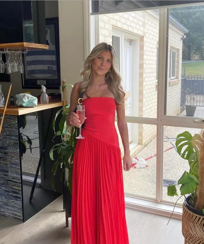Vintage Red Strapless A-Line Pleated Simple Long Party Dress DP2631