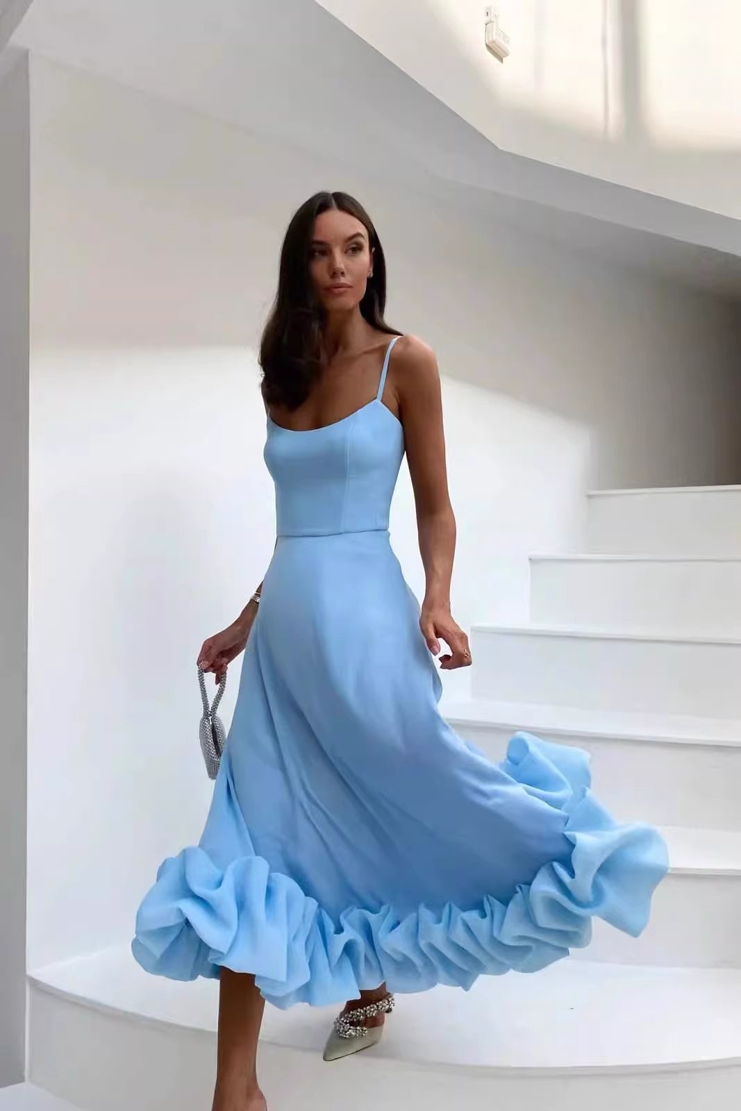 Dreamy Sky Blue Spaghetti Strap Midi Dress Ruffle Hem Cocktail & Weddi – DSProm