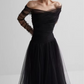 Black Off Shoulder A-Line Tulle Long Prom Dress Evening Gown, DP2946