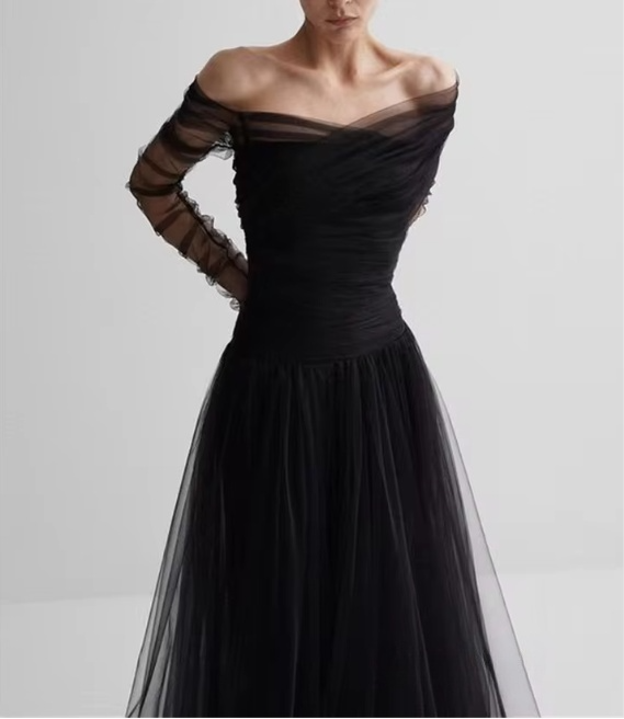 Black Off Shoulder A-Line Tulle Long Prom Dress Evening Gown, DP2946