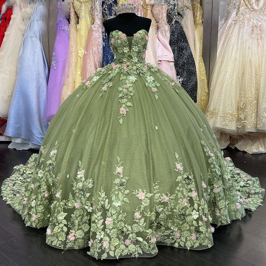 Elegantes Sweetheart Grüne Applikationen Sweet 16 Quinceanera A-Linie Bodenlanges Ballkleid Geburtstagskleid Abendkleid Ballkleid DP6444