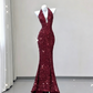 Elegant Sequins V-neck Halter Dress Mermaid Long Prom Dress Evening Dress DP3790
