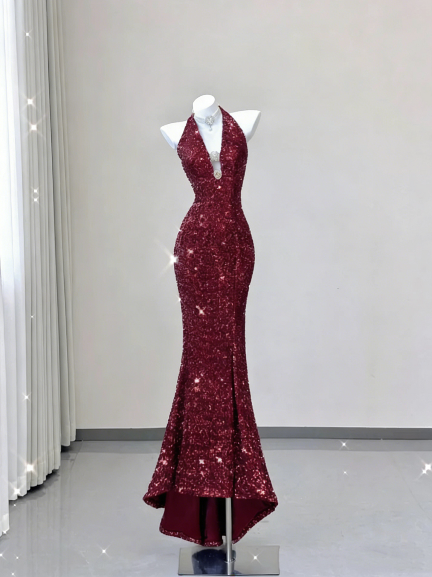 Elegant Sequins V-neck Halter Dress Mermaid Long Prom Dress Evening Dress DP3790