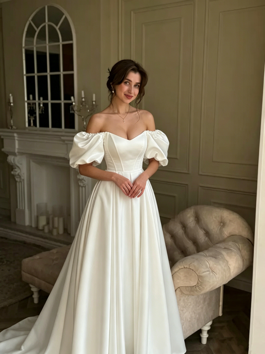 Vintage Off-the-Shoulder Puff Sleeve Satin A-Line Wedding Dress DP8608