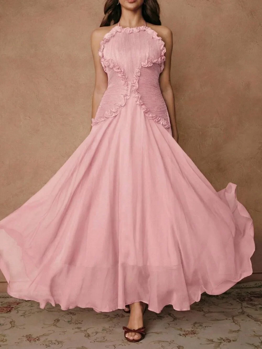 Elegant Pink Halter Ruffled Trim Ruched Chiffon A-Line Prom Dress DP8456