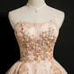 Vintage Champagne Applique Beaded Strapless Design A-line Tulle Party Dress Homecoming Dress DP6063