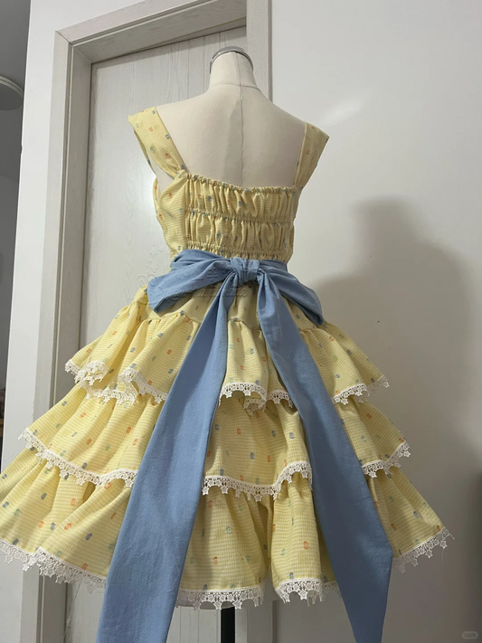 Cute Yellow Floral Lace Hem Design Tiered Party Dress Homecoming Dress DP6243