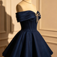 Vintage Navy Blue Off-the-Shoulder Glitter A-Line Homecoming Dress DP8536