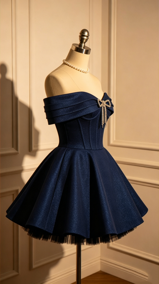 Vintage Navy Blue Off-the-Shoulder Glitter A-Line Homecoming Dress DP8536