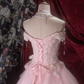 Elegant Pink Off-the-Shoulder Ball Gown Beaded Lace & Tulle Floral Bow Sash Prom Dress DP8352