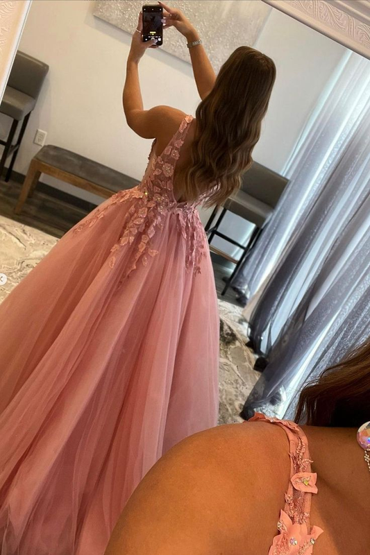 Pink V-Neck Lace Long Prom Dress A-Line Graduation Dress,DP0121