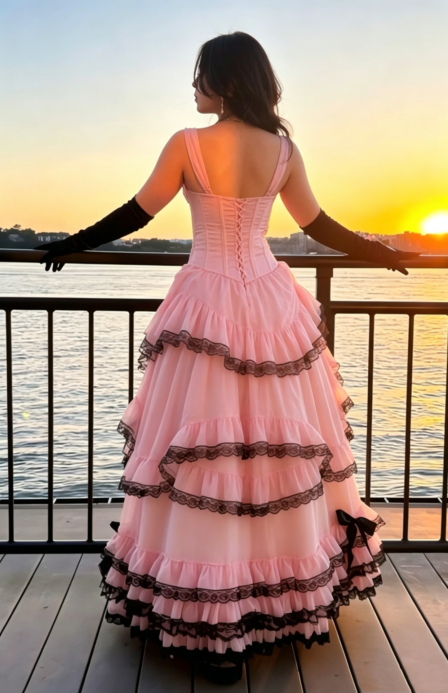 Elegant Pink Ruffle Tiered Straps Lace A-Line Sweet 15 Quinceanera Ball Gown DP8554