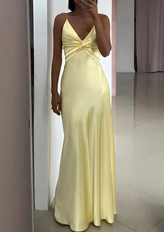 Vintage Gelb V-Ausschnitt Meerjungfrau Satin Spaghettiträger Partykleid Abendkleid Brautjungfernkleid DP6304