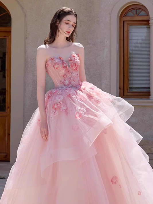 Vintage Pink Applique Beaded Strapless Sweet 16 Quinceanera Sweetheart A-Line Floor-length Prom Dress Birthday Dress Evening Dress Ball Gown DP6811