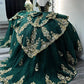 Elegant Emerald Green Off-Shoulder Gold Embroidered Applique Glitter Tulle Quinceanera Ball Gown DP7233