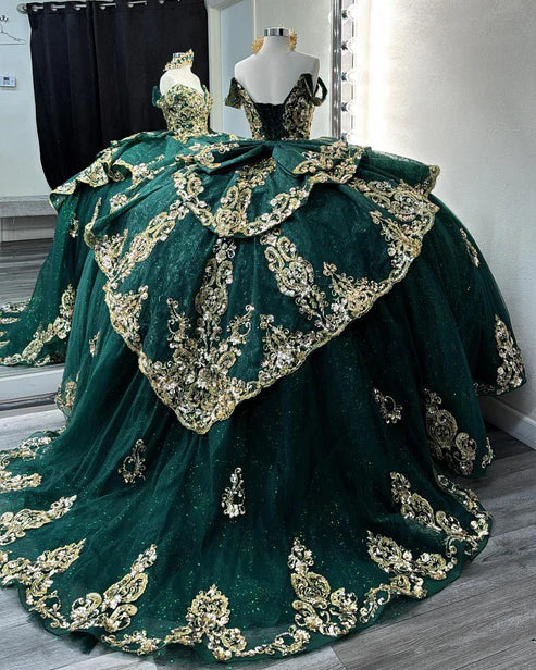 Elegant Emerald Green Off-Shoulder Gold Embroidered Applique Glitter Tulle Quinceanera Ball Gown DP7233