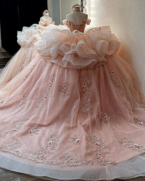Robe de bal élégante rose à épaules dénudées en tulle brodé de perles et de fleurs, modèle DP7235