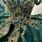 Elegant Emerald Green Off-Shoulder Gold Embroidered Applique Glitter Tulle Quinceanera Ball Gown DP7233