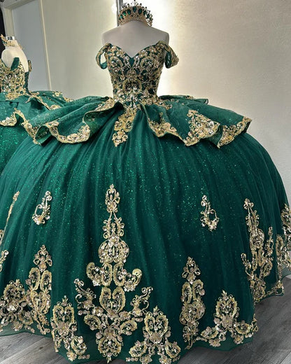 Elegant Emerald Green Off-Shoulder Gold Embroidered Applique Glitter Tulle Quinceanera Ball Gown DP7233