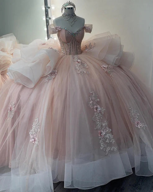 Robe de bal élégante rose à épaules dénudées en tulle brodé de perles et de fleurs, modèle DP7235