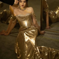 Champagne Gold Off Shoulder Mermaid Sequins Long Evening Party Dresses, DP5512
