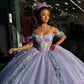 Robe de bal élégante en tulle lilas à épaules dénudées et décolleté en cœur, ornée d'appliqués, pour quinceañera DP7230