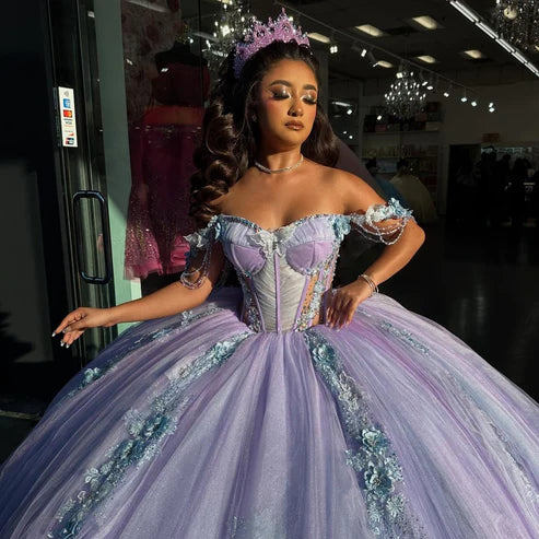 Robe de bal élégante en tulle lilas à épaules dénudées et décolleté en cœur, ornée d'appliqués, pour quinceañera DP7230
