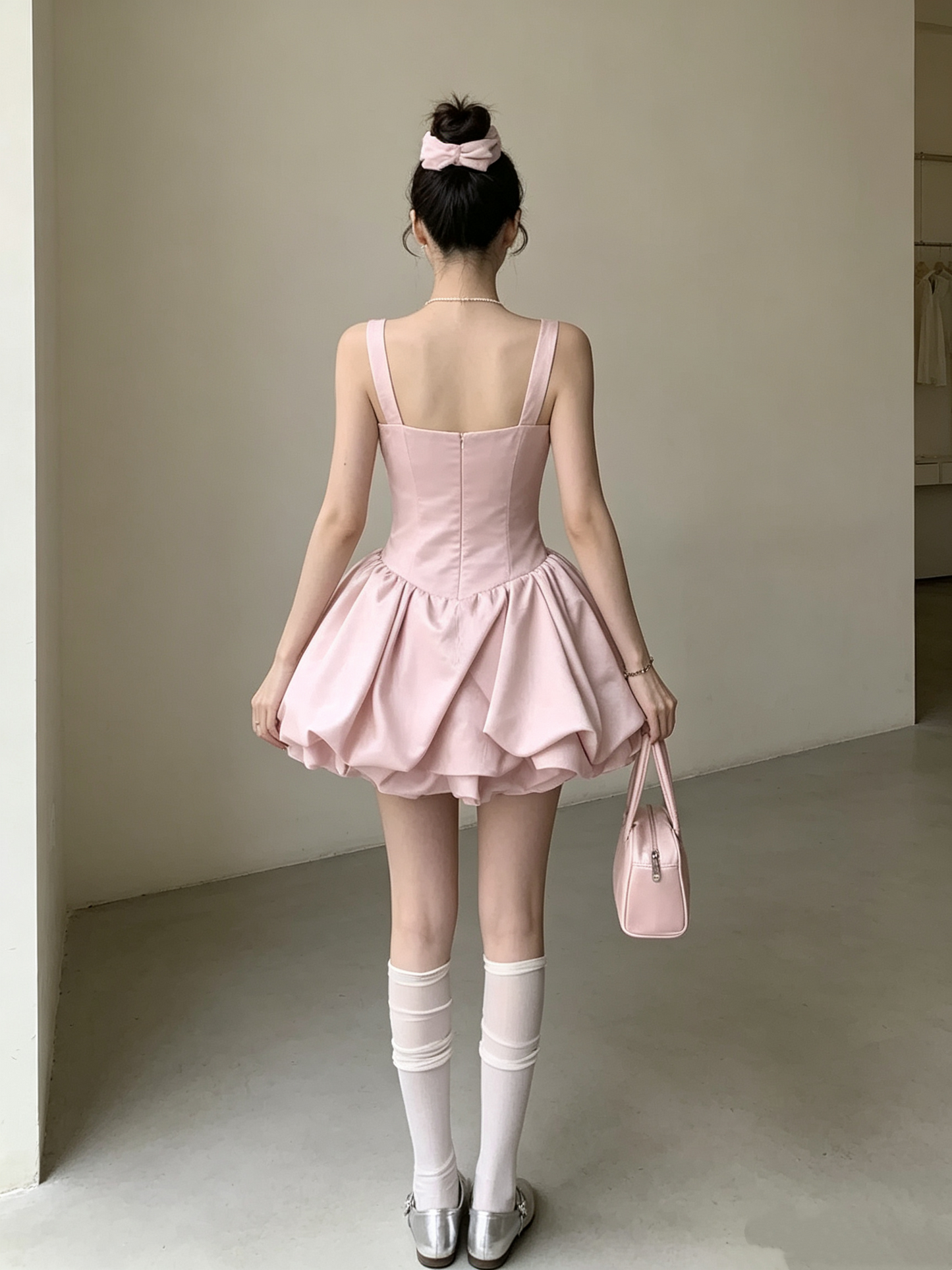 Elegant Pink Square Neck Sleeveless Bubble A-Line Satin Homecoming Dress DP8738