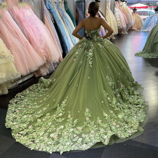 Elegantes Sweetheart Grüne Applikationen Sweet 16 Quinceanera A-Linie Bodenlanges Ballkleid Geburtstagskleid Abendkleid Ballkleid DP6444