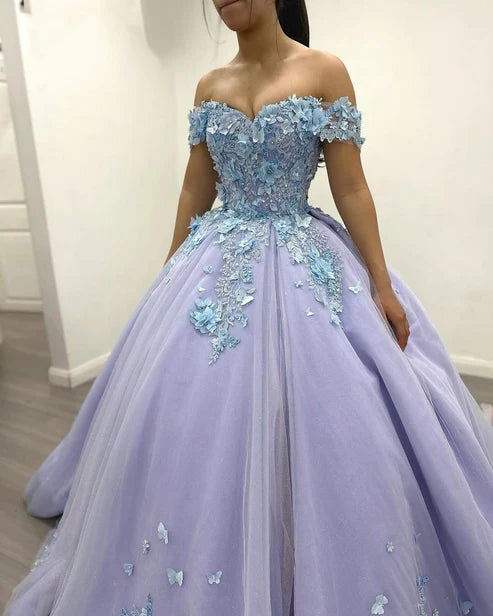 Robe de bal de quinceañera vintage lilas à épaules dénudées et décolleté en cœur, en tulle orné d'appliqués DP7229