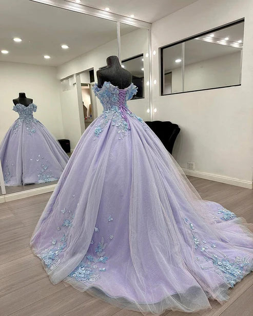 Vintage Lilac Off-Shoulder Sweetheart Applique Tulle Quinceanera Ball Gown DP7229