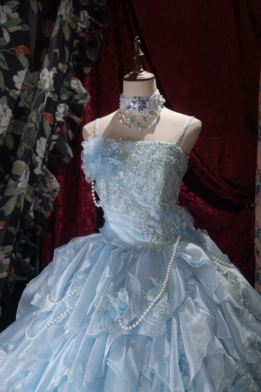 Glamorous Light Blue Spaghetti Strap Tiered Ruffles Ball Gown DP8344
