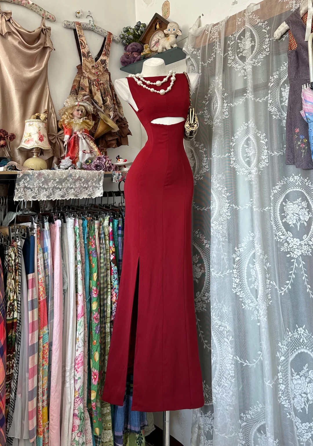 Vintage Red Cutout Waist Mermaid Evening Dress High Slit Prom Dress DP8320