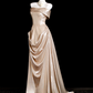 Vintage Champagne Strapless Prom Dress Sheath Evening Gown Satin Party Dress Long Formal Dress DP6907