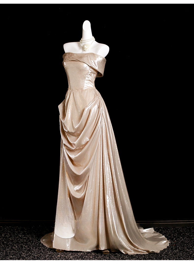 Vintage Champagne Strapless Prom Dress Sheath Evening Gown Satin Party Dress Long Formal Dress DP6907