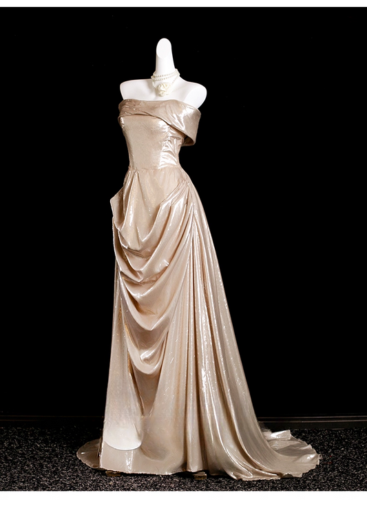Vintage Champagne Strapless Prom Dress Sheath Evening Gown Satin Party Dress Long Formal Dress DP6907