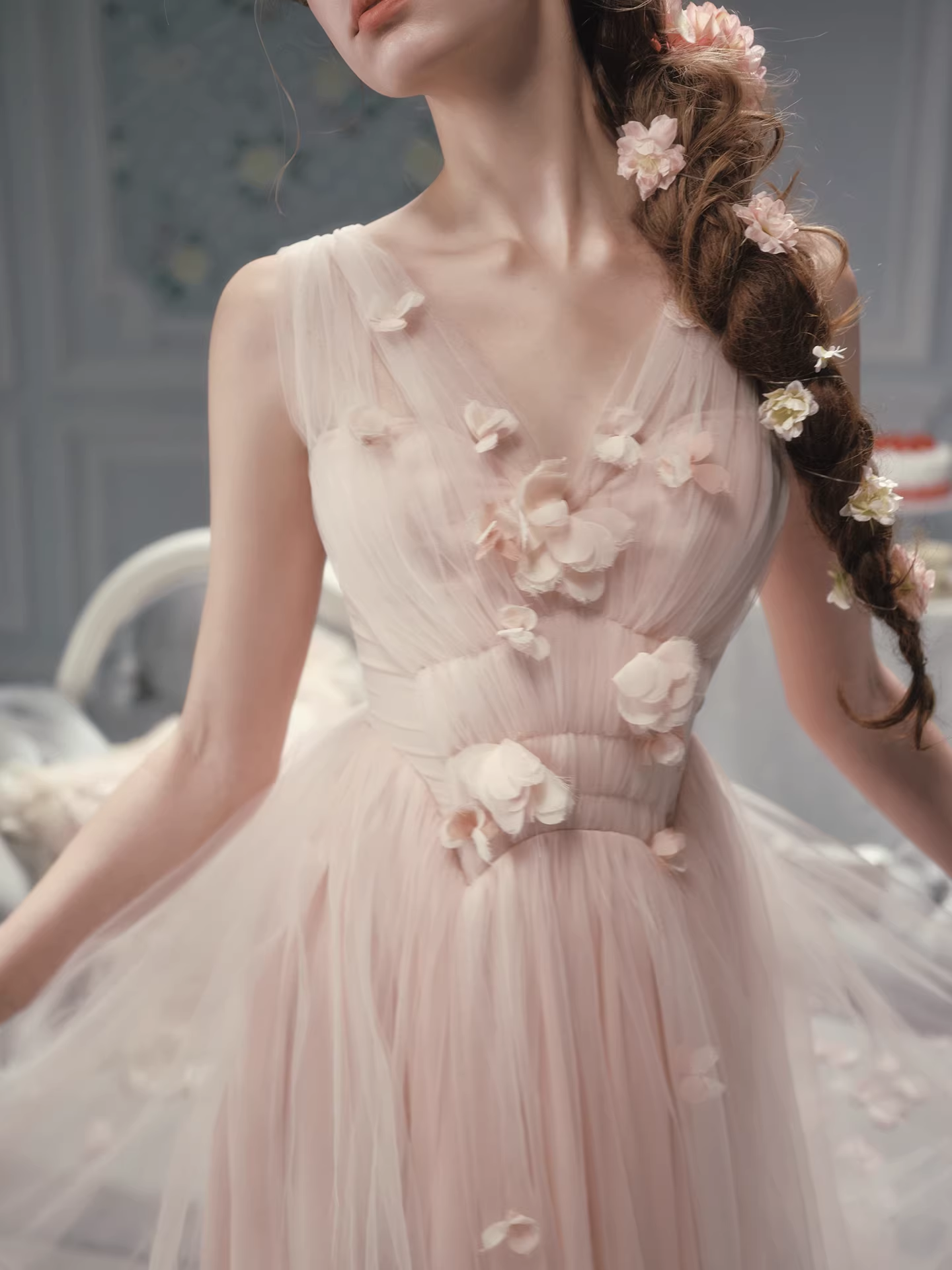 Vintage Pink Tulle Midi 3D Floral Applique Evening Gown DP8001