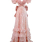 Vintage Pink Sequin Puff Sleeve A-Line Prom Dress Tiered Ruffle Hem Evening Gown DP8283