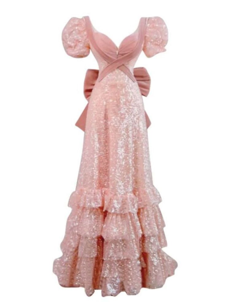 Vintage Pink Sequin Puff Sleeve A-Line Prom Dress Tiered Ruffle Hem Evening Gown DP8283
