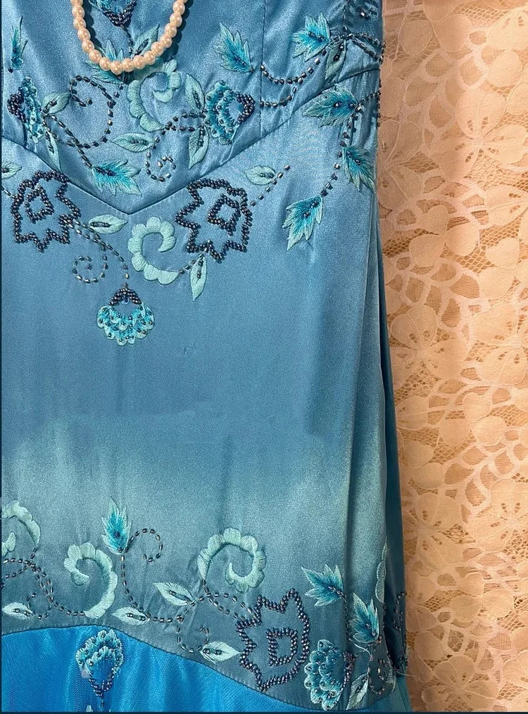 Elegant Ocean Blue Off-the-Shoulder Mermaid Satin & Embroidery Prom Dress DP8180