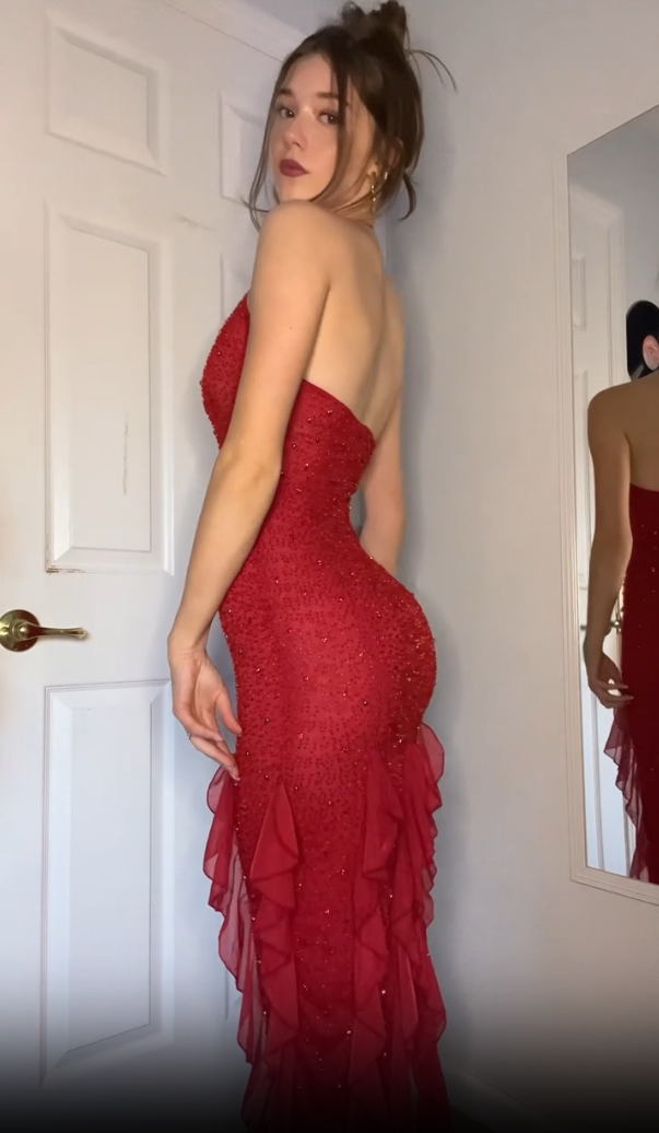 Gorgeous Red Halter Glitter Ruffle Mermaid Long Evening Dress, DP2648