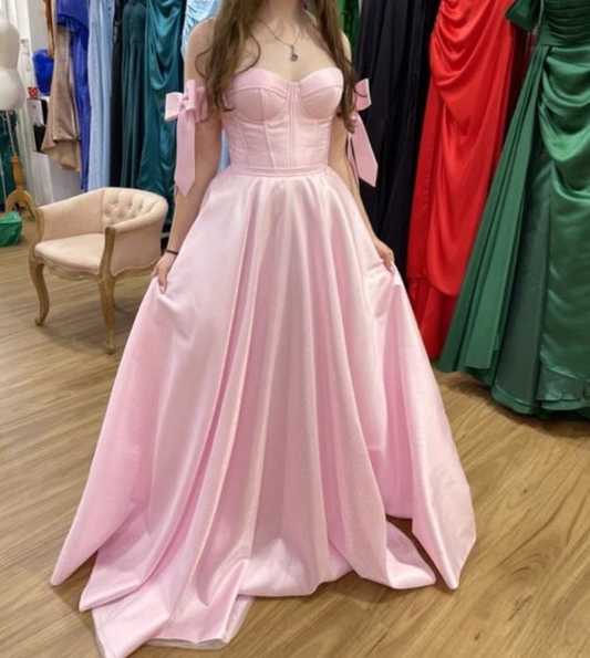 Pink Off Shoulder Sweetheart A-Line Satin Long Formal Party Dress, DP3739