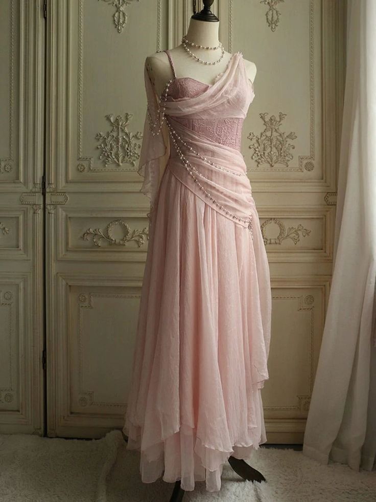 Vintage Pink Chiffon Evening Dress Pearl Beaded Draped Prom Gown DP8278