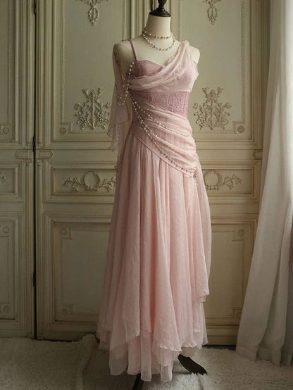 Vintage Pink Chiffon Evening Dress Pearl Beaded Draped Prom Gown DP8278