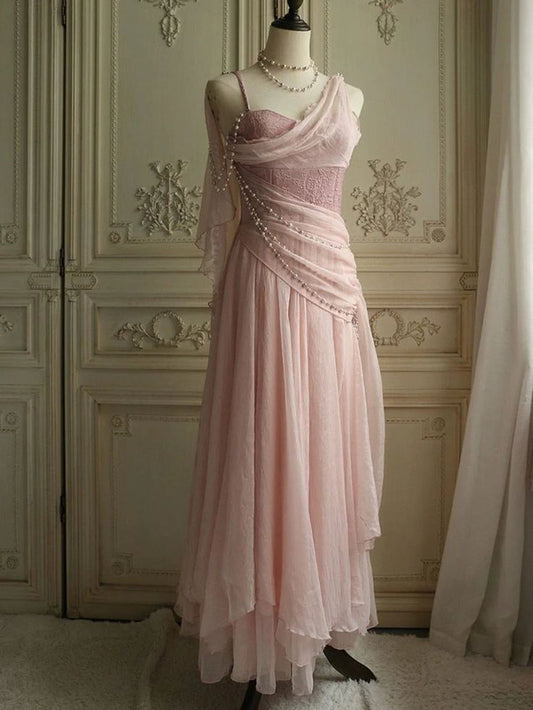 Vintage Pink Chiffon Evening Dress Pearl Beaded Draped Prom Gown DP8278