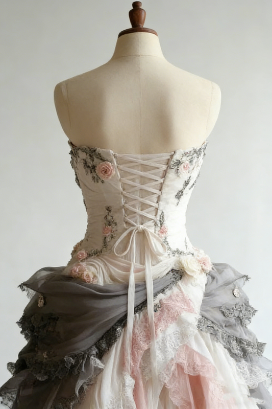Magnifique robe de bal bustier en tulle à volants et broderies florales DP4170