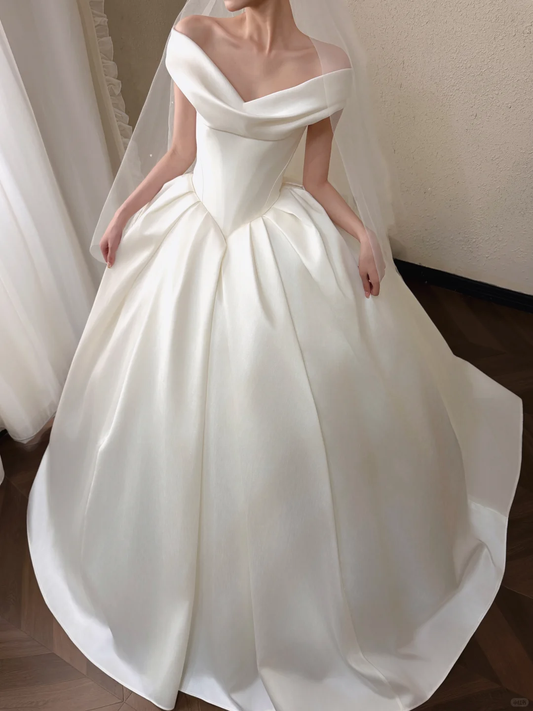 Gorgeous Off-the-Shoulder Satin Ball Gown Wedding Dress Bridal Gown DP8306
