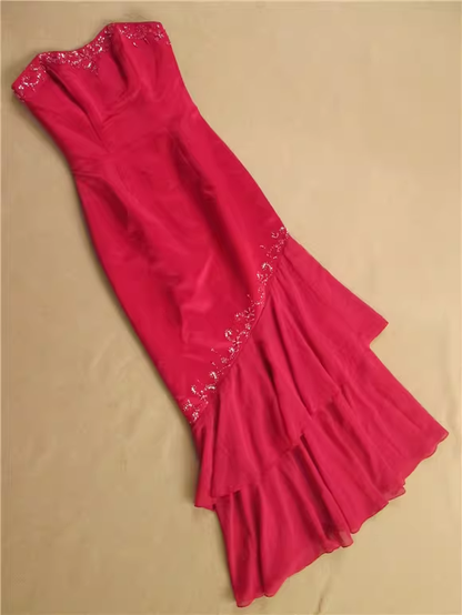 Glamorous Red Strapless Sheath Evening Gown Sequin Ruffled Chiffon Prom Dress DP7615