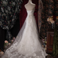 Vintage Strapless Sweetheart A-Line Lace Tulle Floral Embroidery & Sheer Train Wedding Dress DP8348