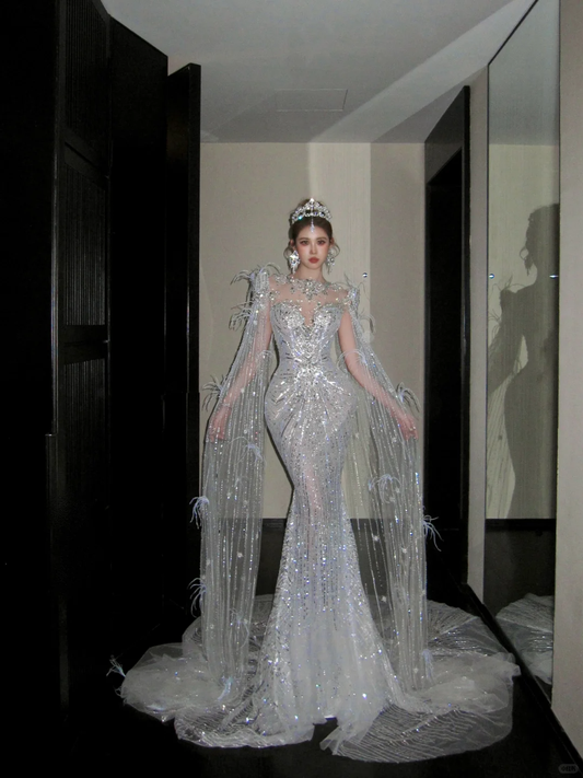 Elegantes glitzerndes silbernes Perlen-Pailletten-Design Meerjungfrau-Brautkleid Ballkleid Abendkleid DP6247